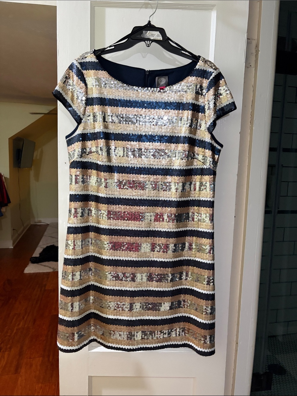 Vince Camuto Navy and Gold Sequin Striped Shift Dress